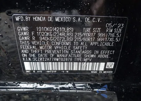 2024 Honda Hr-V Awd Ex-L/Awd Ex-L W/O Bsi из США, поврежденный, VIN 3CZRZ2H77RM702878